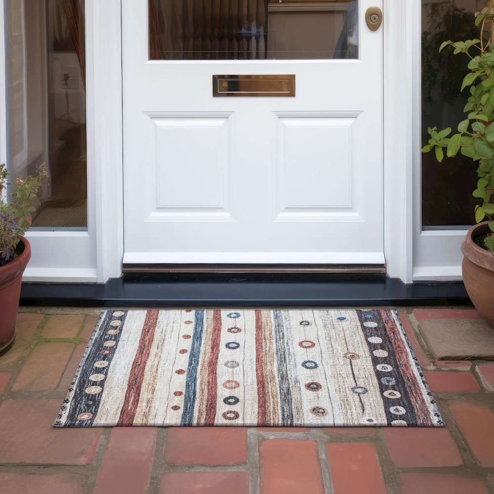 Machine Washable Indoor/Outdoor Chantille Beige 1'8" x 2'6" Rug. Picture 6