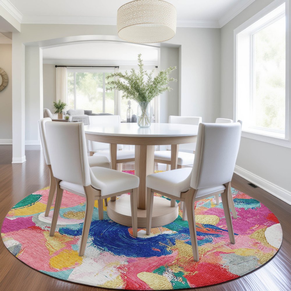 Machine Washable Indoor/Outdoor Chantille Blush 8' x 8' Round Rug. Picture 5