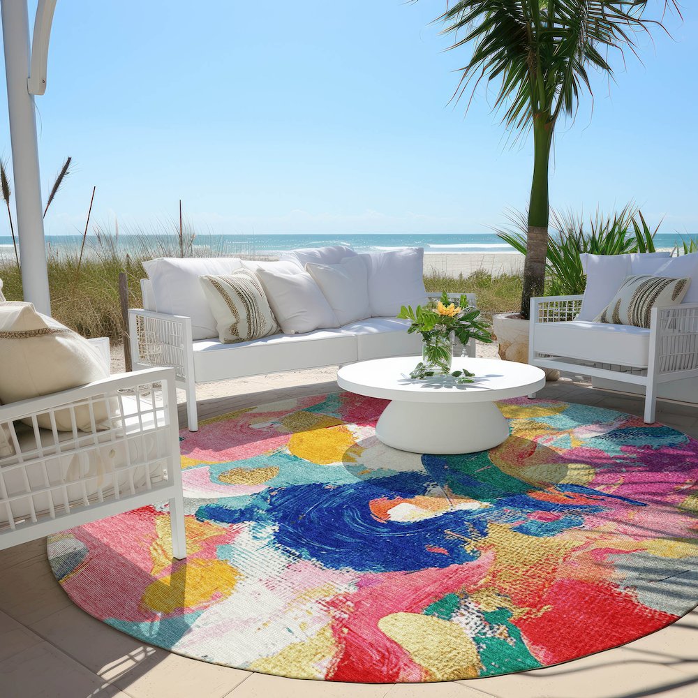 Machine Washable Indoor/Outdoor Chantille Blush 8' x 8' Round Rug. Picture 6