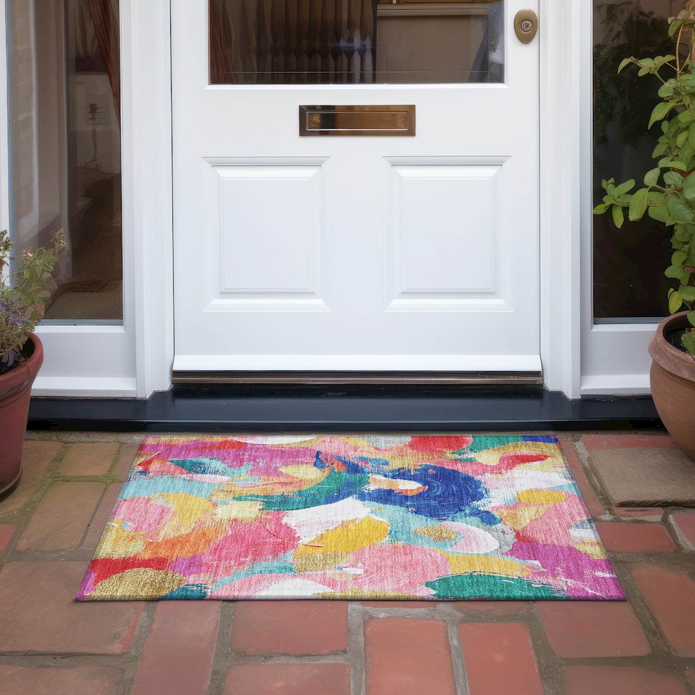 Machine Washable Indoor/Outdoor Chantille Blush 1'8" x 2'6" Rug. Picture 6