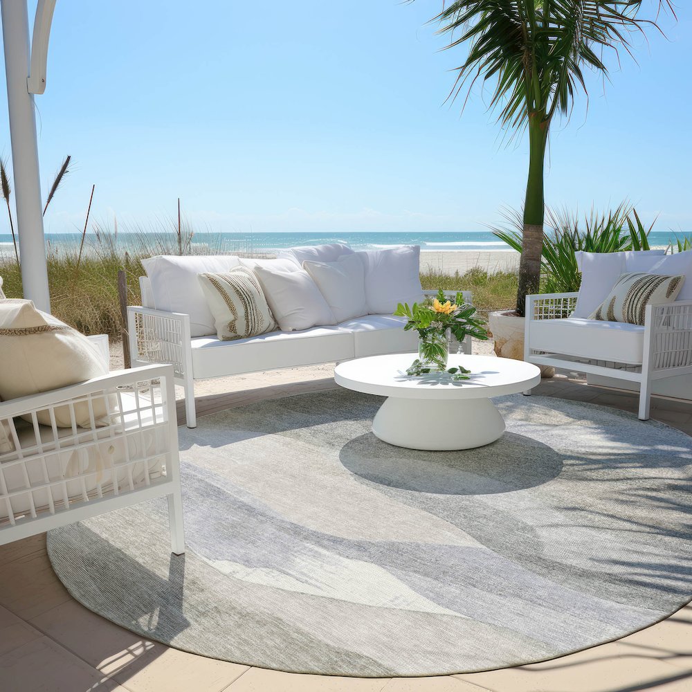Machine Washable Indoor/Outdoor Chantille Beige 8' x 8' Round Rug. Picture 6