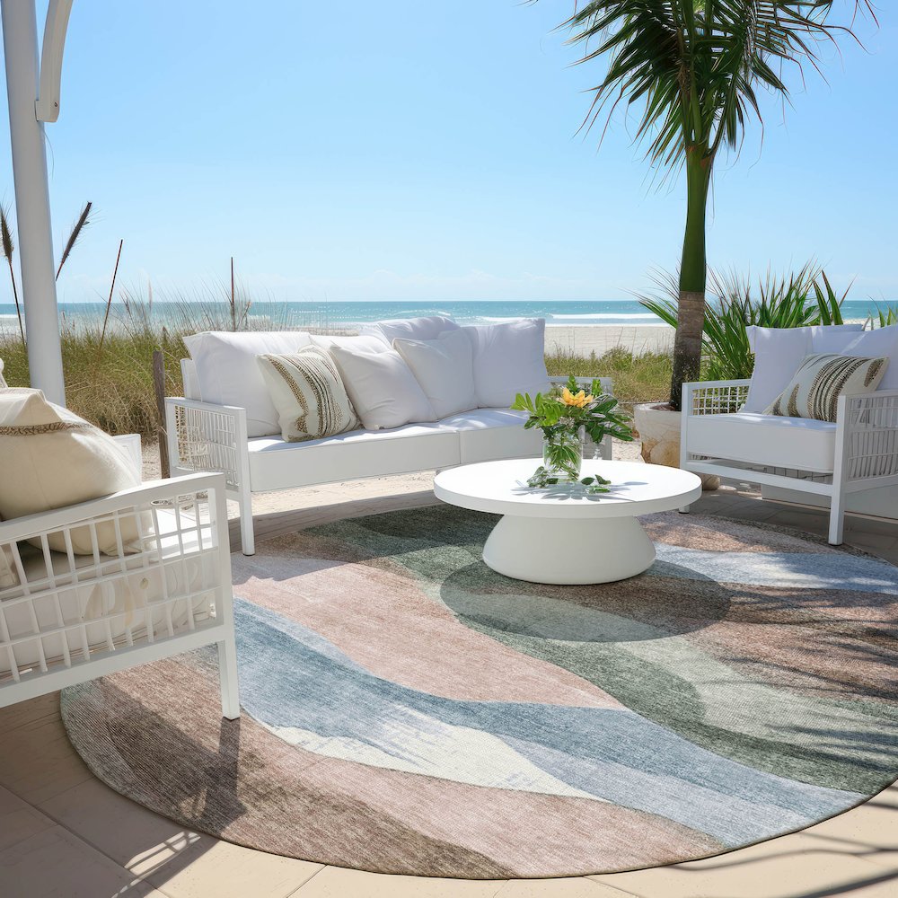Machine Washable Indoor/Outdoor Chantille Salmon 8' x 8' Round Rug. Picture 6
