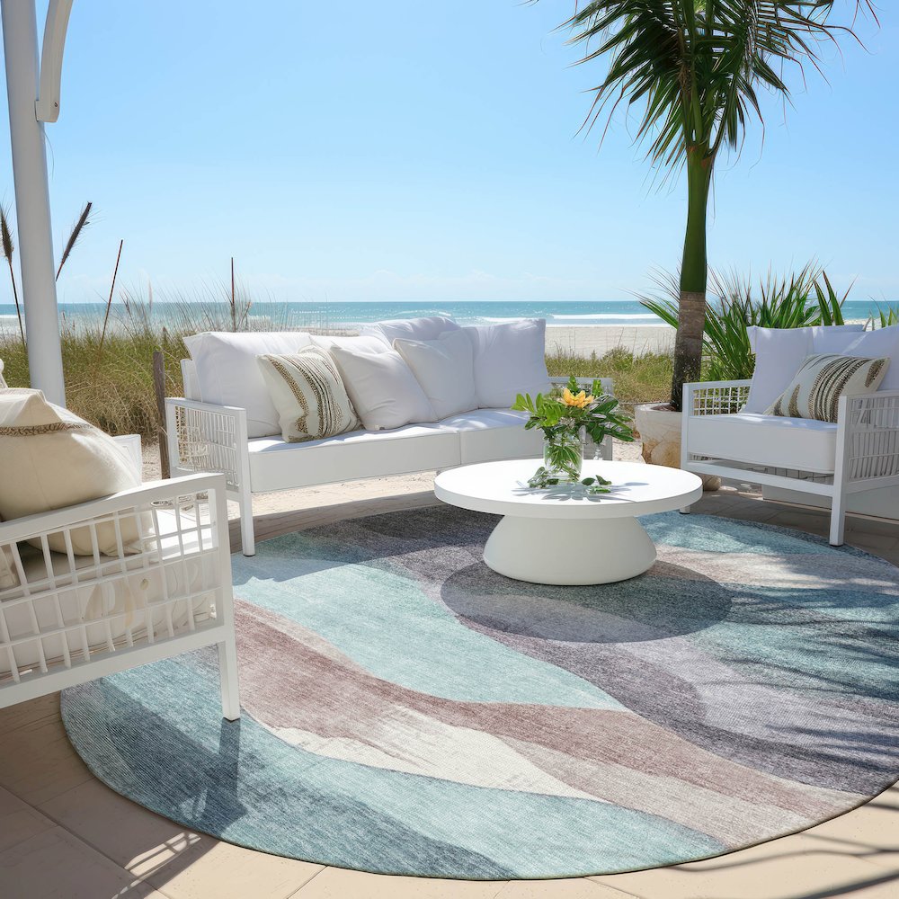 Machine Washable Indoor/Outdoor Chantille Teal 8' x 8' Round Rug. Picture 6