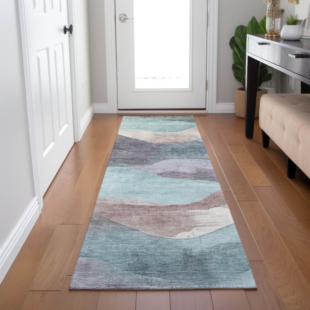 Machine Washable Indoor/Outdoor Chantille Teal 2'3" x 7'6" Runner Rug. Picture 5