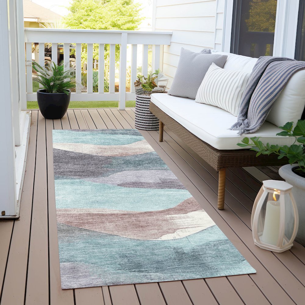 Machine Washable Indoor/Outdoor Chantille Teal 2'3" x 7'6" Runner Rug. Picture 6