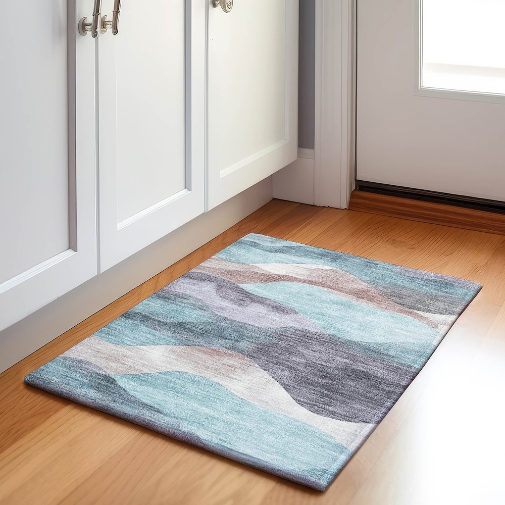 Machine Washable Indoor/Outdoor Chantille Teal 1'8" x 2'6" Rug. Picture 5