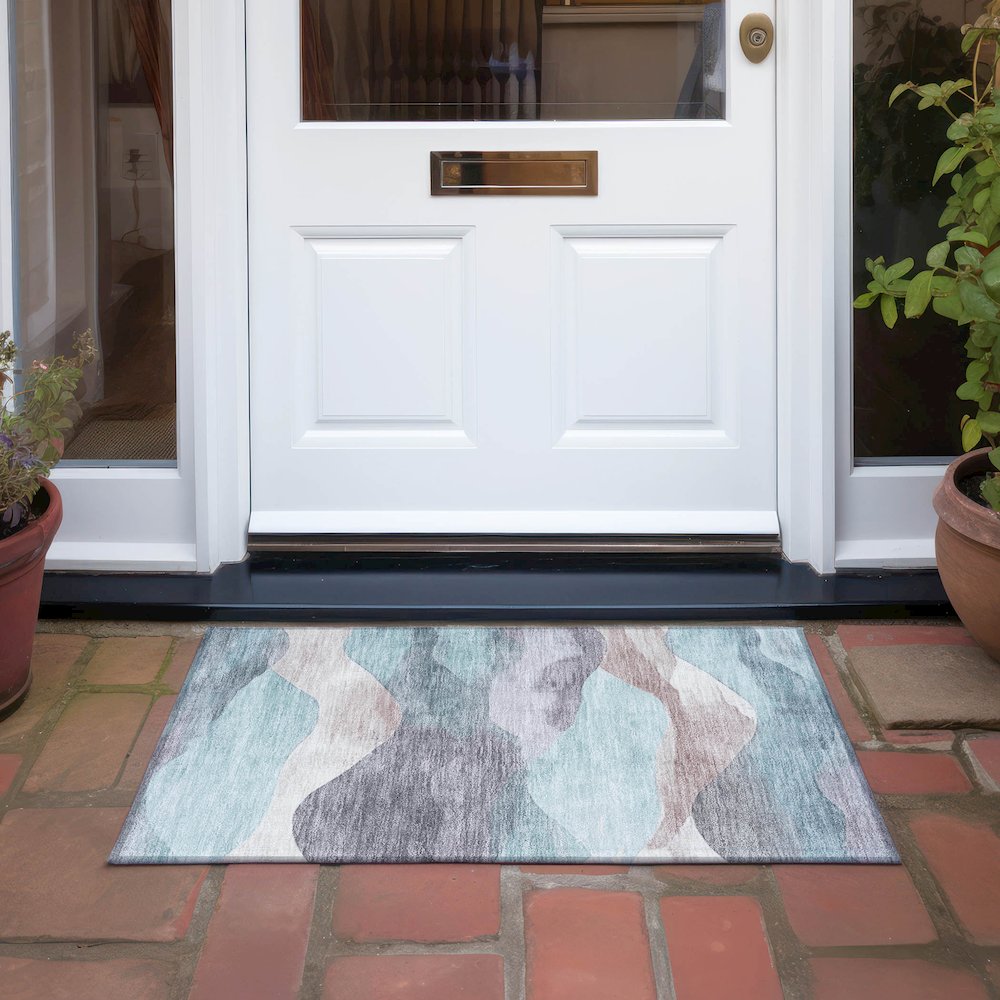 Machine Washable Indoor/Outdoor Chantille Teal 1'8" x 2'6" Rug. Picture 6