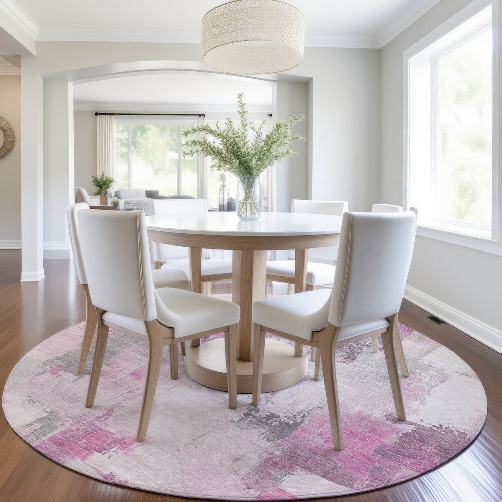 Machine Washable Indoor/Outdoor Chantille Pink 8' x 8' Round Rug. Picture 5