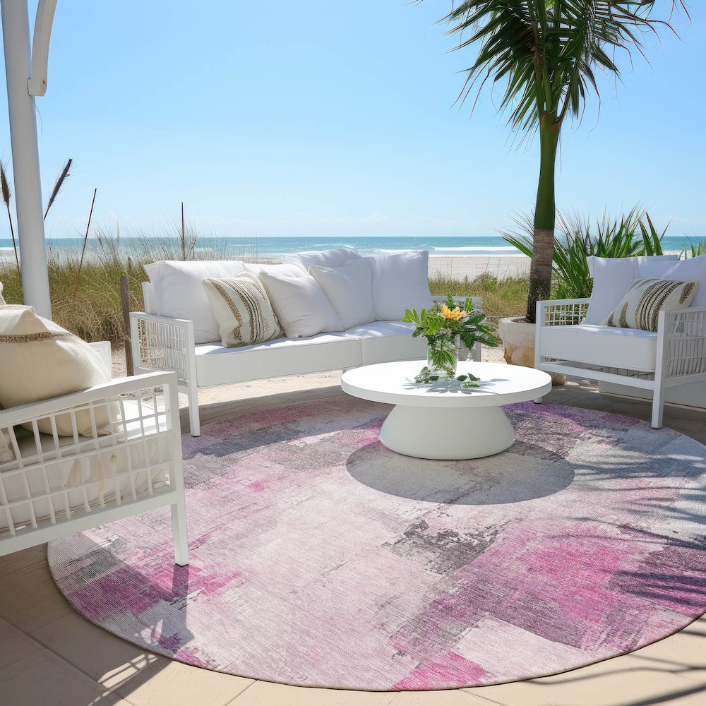 Machine Washable Indoor/Outdoor Chantille Pink 8' x 8' Round Rug. Picture 6