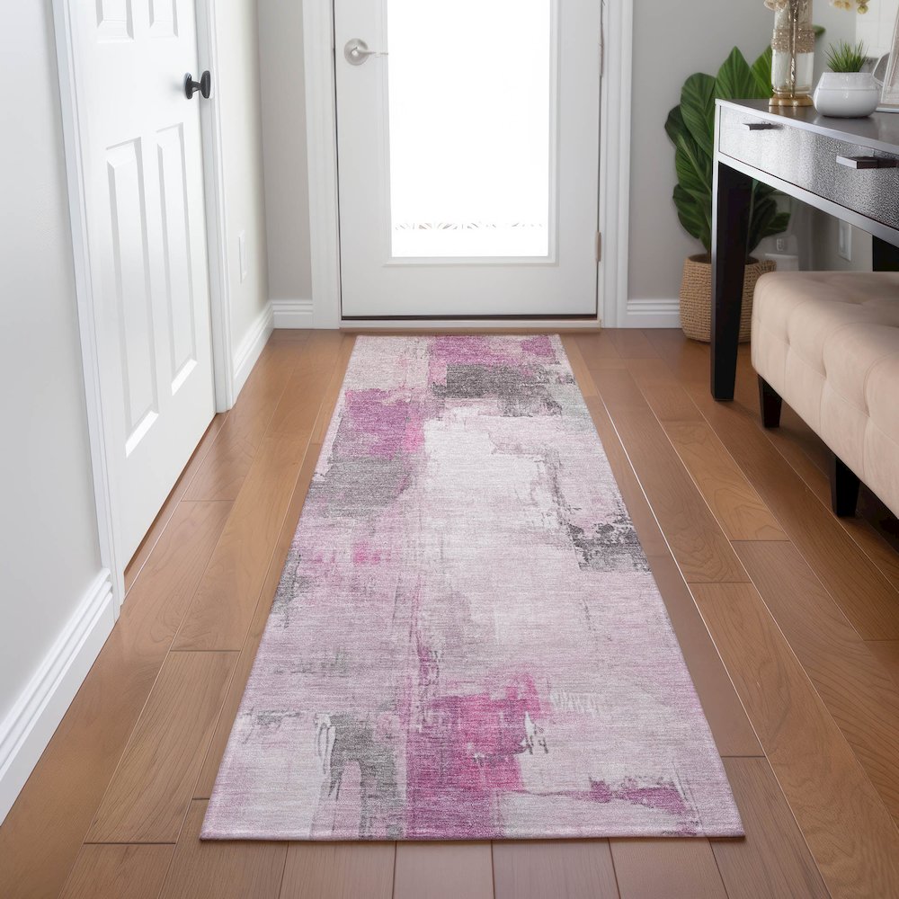 Machine Washable Indoor/Outdoor Chantille Pink 2'3" x 7'6" Runner Rug. Picture 5