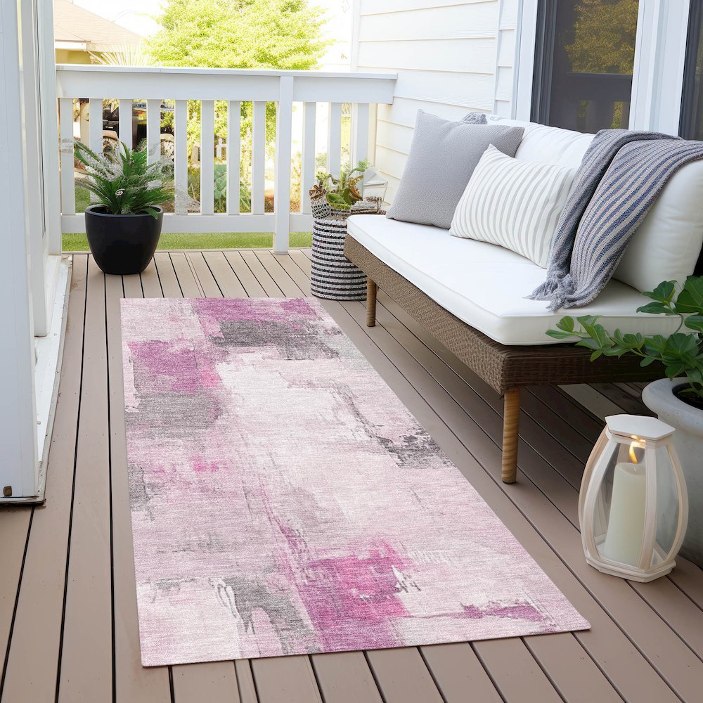 Machine Washable Indoor/Outdoor Chantille Pink 2'3" x 7'6" Runner Rug. Picture 6