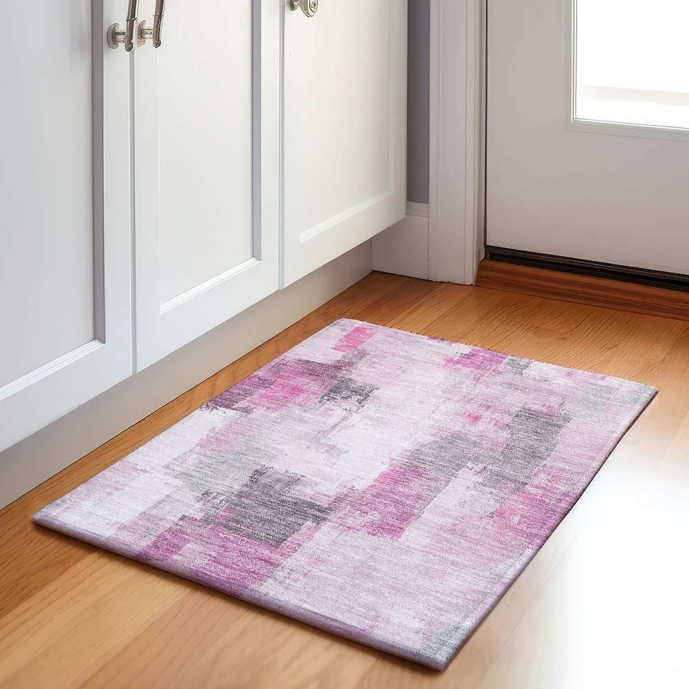 Machine Washable Indoor/Outdoor Chantille Pink 1'8" x 2'6" Rug. Picture 5