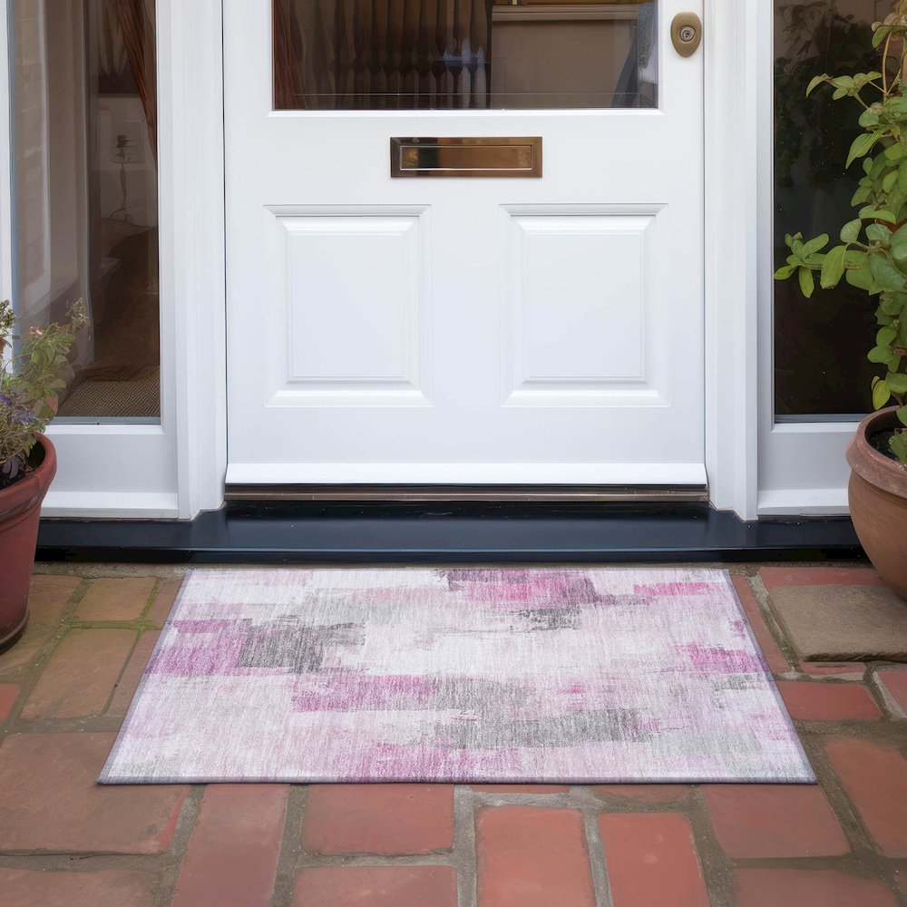 Machine Washable Indoor/Outdoor Chantille Pink 1'8" x 2'6" Rug. Picture 6