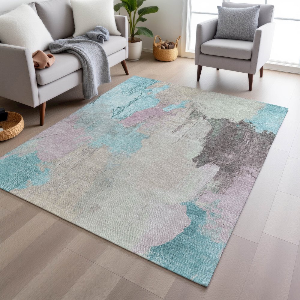 Machine Washable Indoor/Outdoor Chantille Teal 2'6" x 3'10" Rug. Picture 5