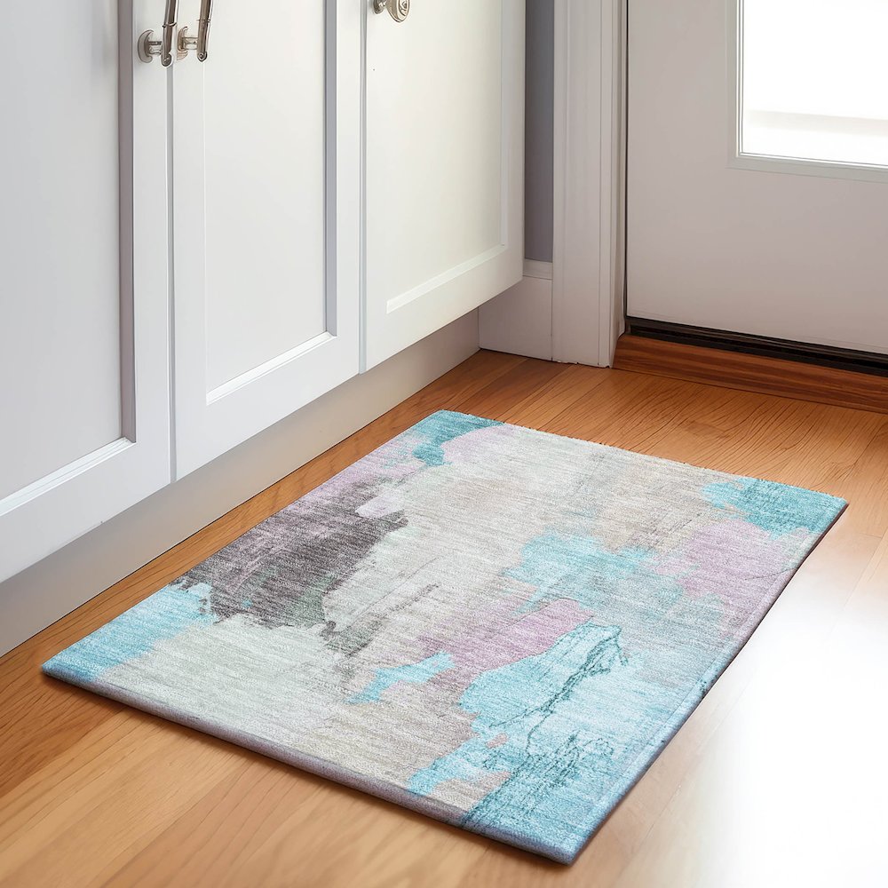 Machine Washable Indoor/Outdoor Chantille Teal 1'8" x 2'6" Rug. Picture 5