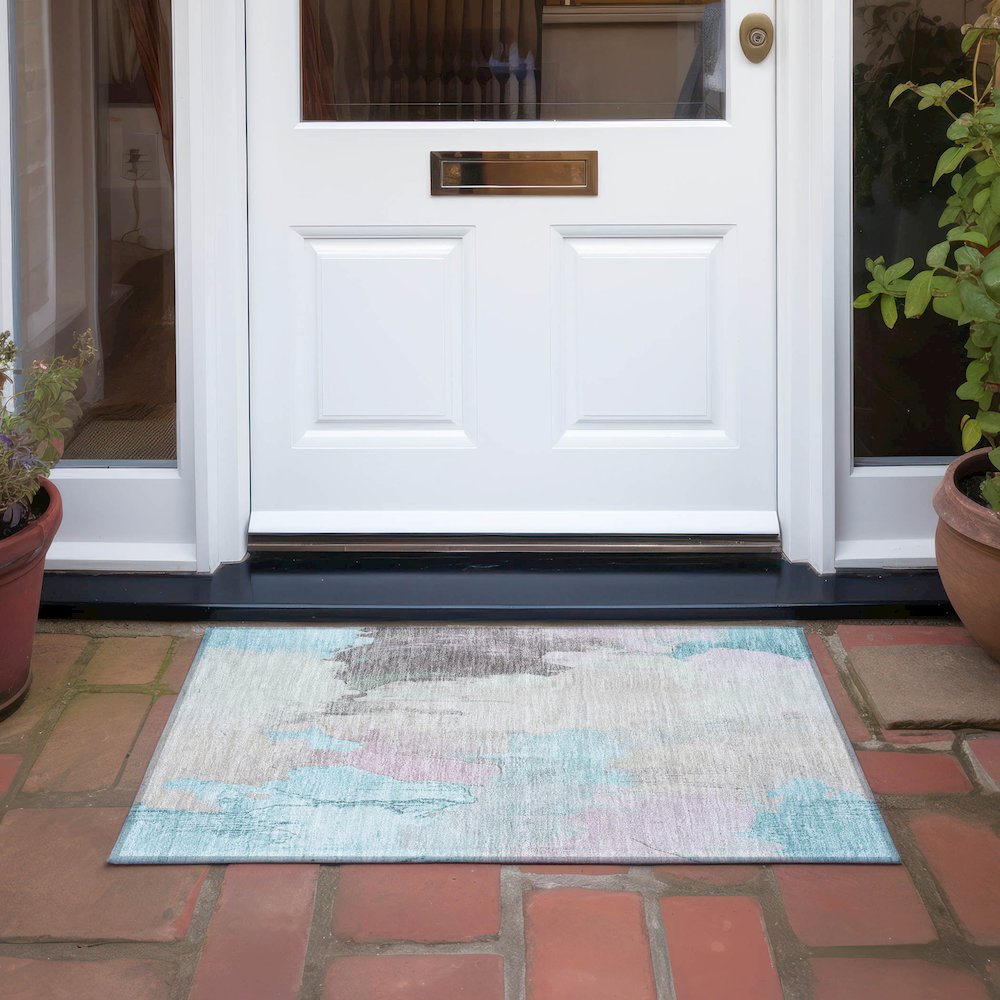 Machine Washable Indoor/Outdoor Chantille Teal 1'8" x 2'6" Rug. Picture 6