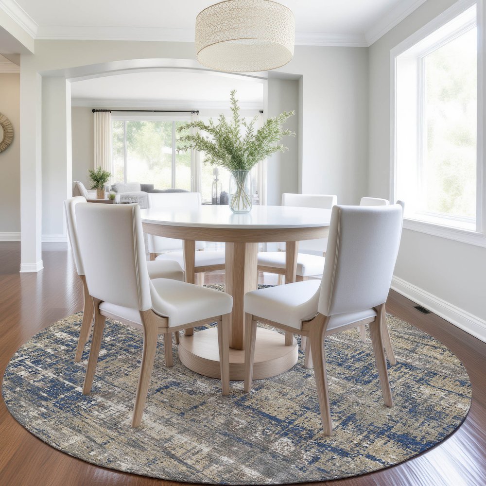 Machine Washable Indoor/Outdoor Chantille Navy 8' x 8' Round Rug. Picture 5