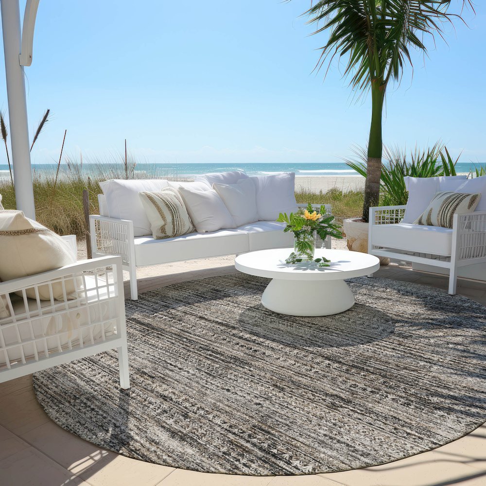 Machine Washable Indoor/Outdoor Chantille Taupe 8' x 8' Round Rug. Picture 6