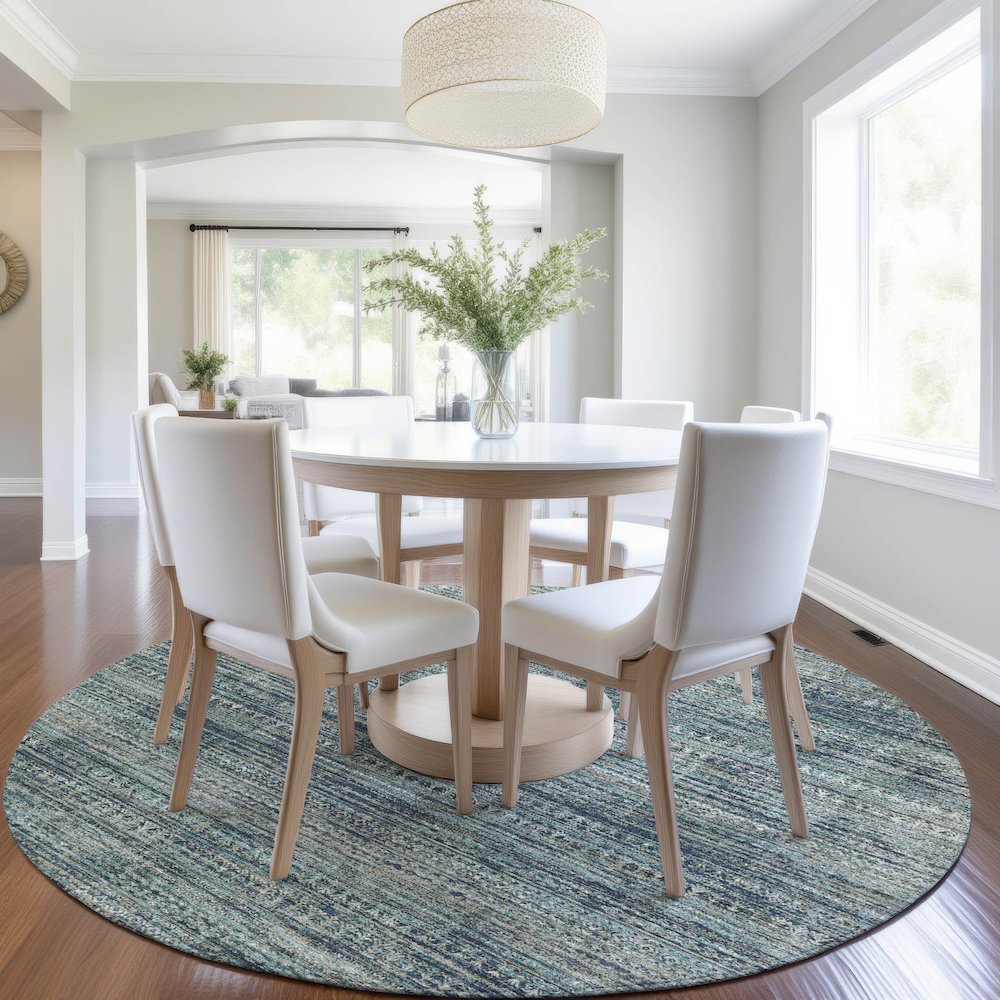 Machine Washable Indoor/Outdoor Chantille Teal 8' x 8' Round Rug. Picture 5