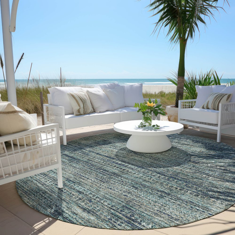 Machine Washable Indoor/Outdoor Chantille Teal 8' x 8' Round Rug. Picture 6