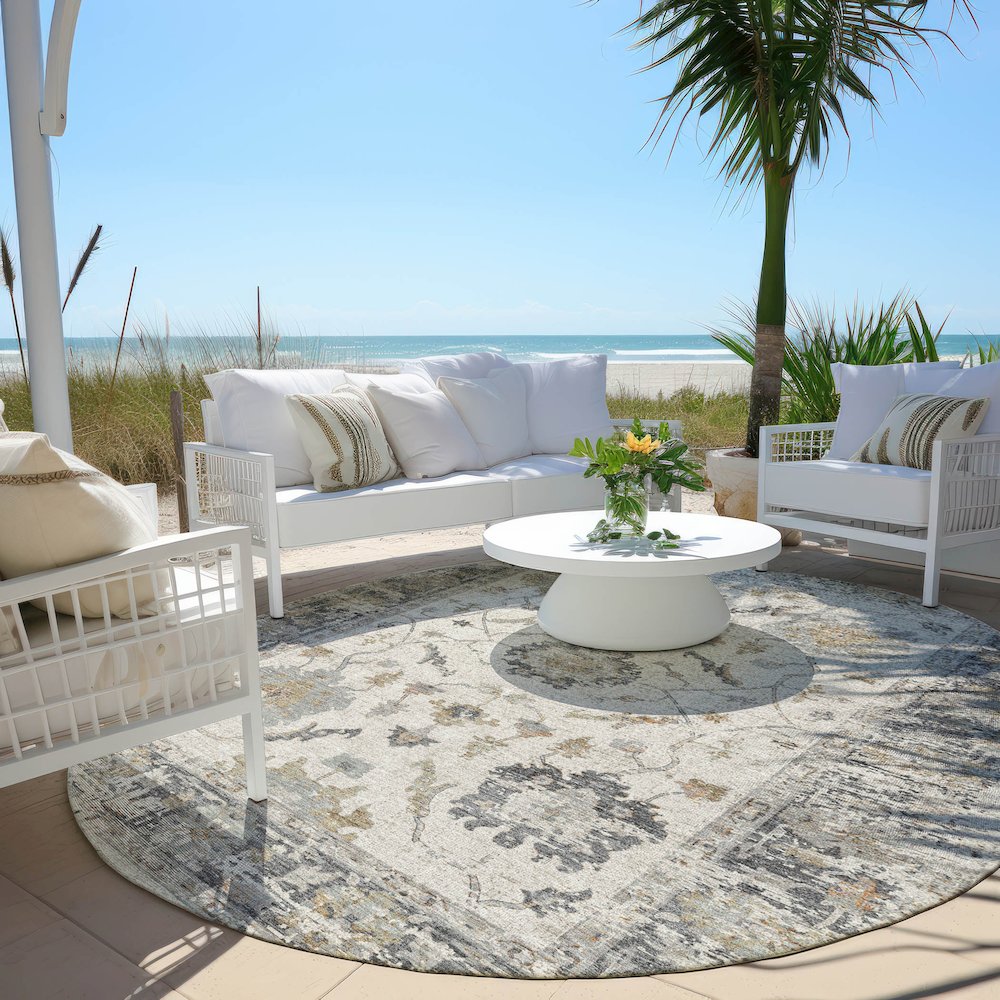 Machine Washable Indoor/Outdoor Chantille Ivory 8' x 8' Round Rug. Picture 6