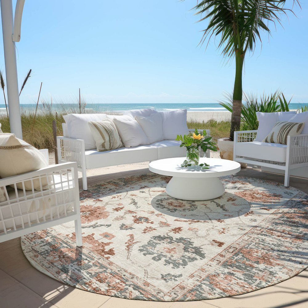 Machine Washable Indoor/Outdoor Chantille Linen 8' x 8' Round Rug. Picture 6