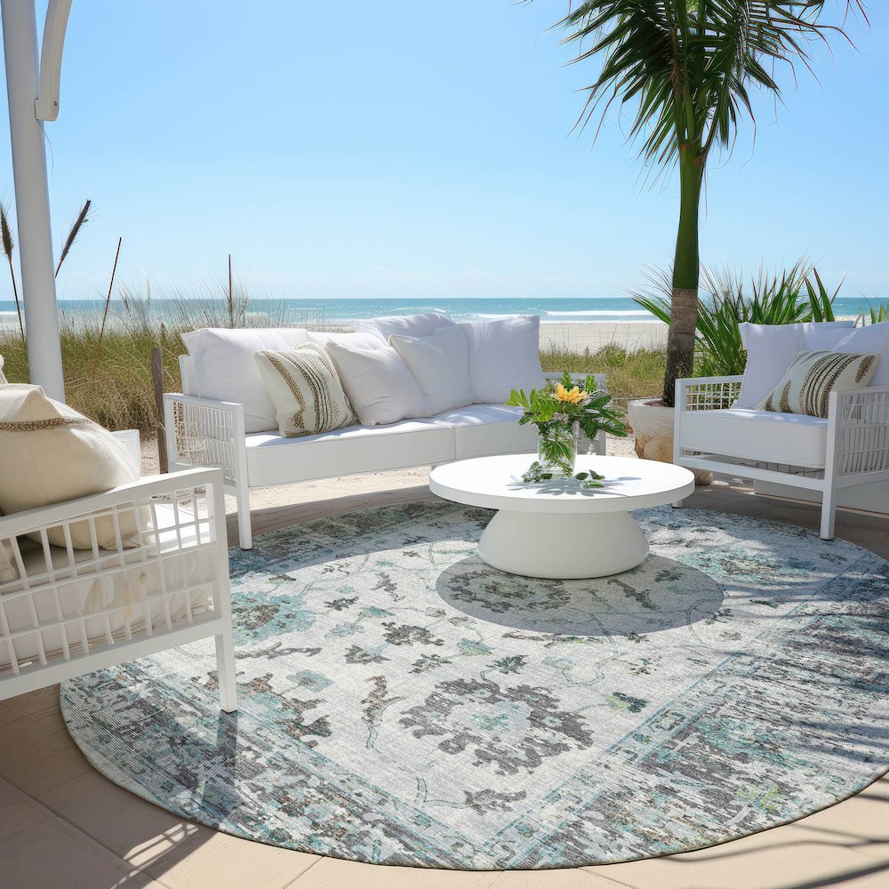 Machine Washable Indoor/Outdoor Chantille Teal 8' x 8' Round Rug. Picture 6