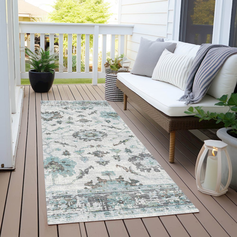 Machine Washable Indoor/Outdoor Chantille Teal 2'3" x 7'6" Runner Rug. Picture 6