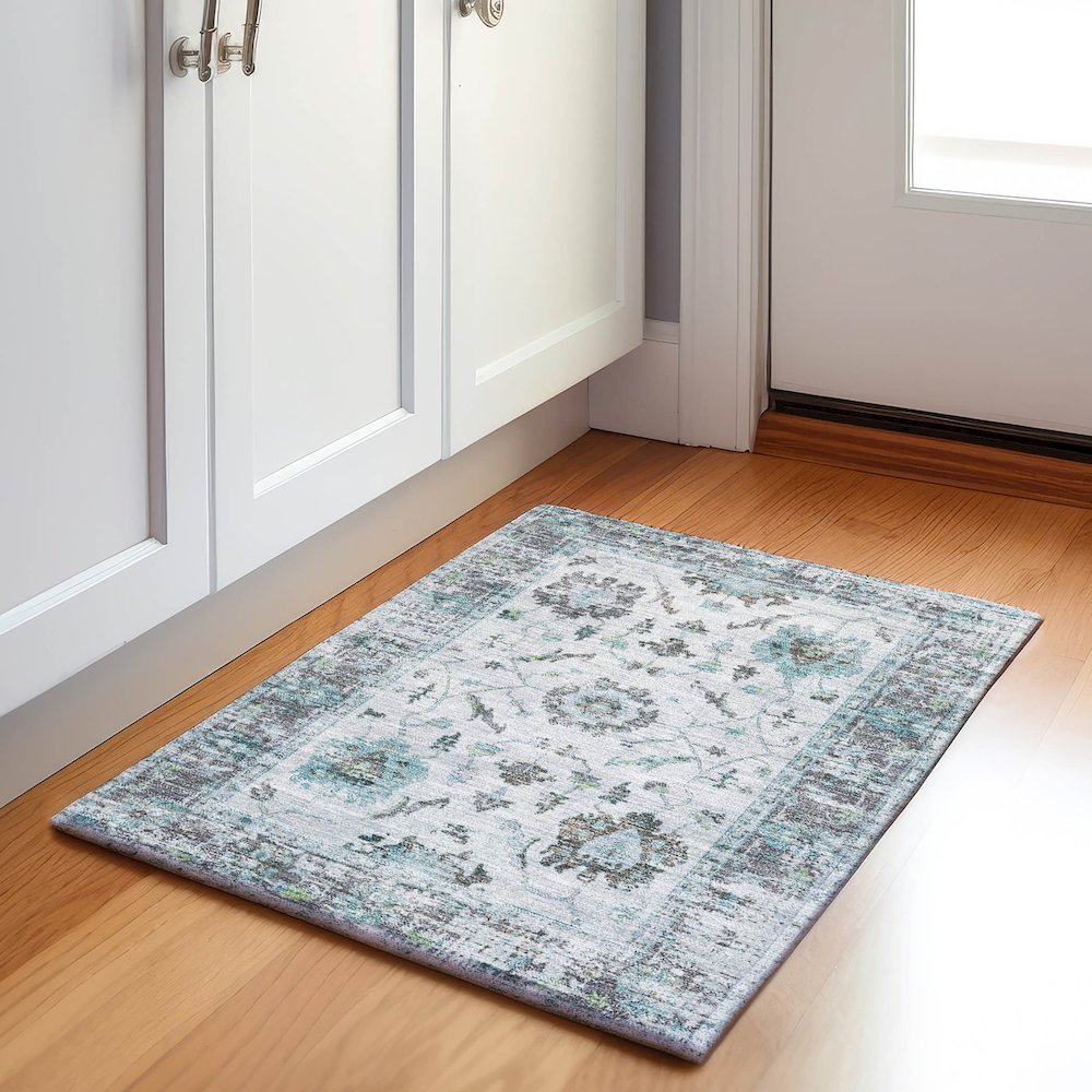 Machine Washable Indoor/Outdoor Chantille Teal 1'8" x 2'6" Rug. Picture 5