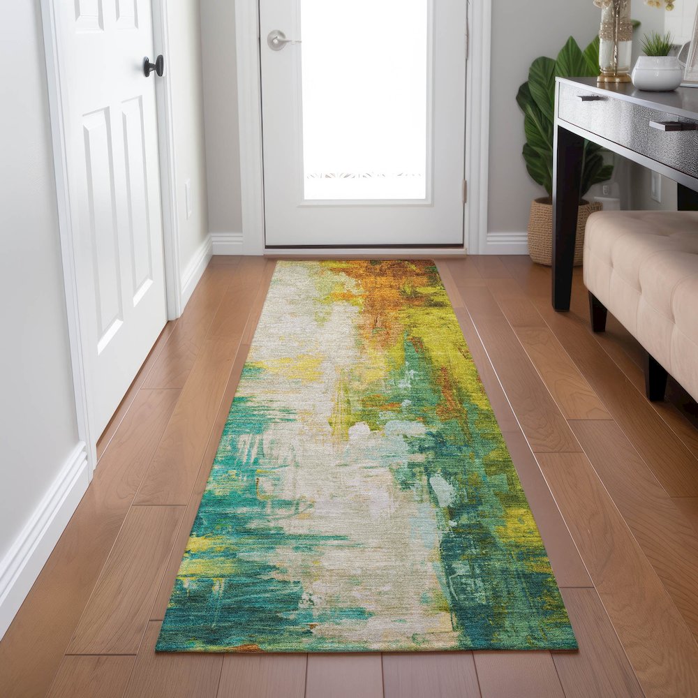 Machine Washable Indoor/Outdoor Chantille Green 2'3" x 7'6" Runner Rug. Picture 5