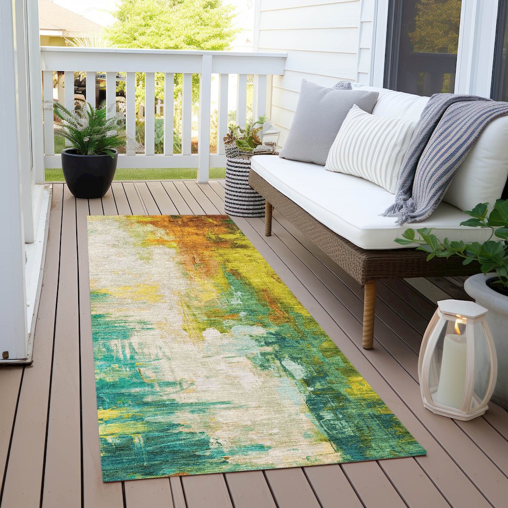 Machine Washable Indoor/Outdoor Chantille Green 2'3" x 7'6" Runner Rug. Picture 6