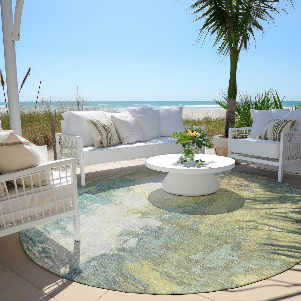 Machine Washable Indoor/Outdoor Chantille Seafoam 8' x 8' Round Rug. Picture 6