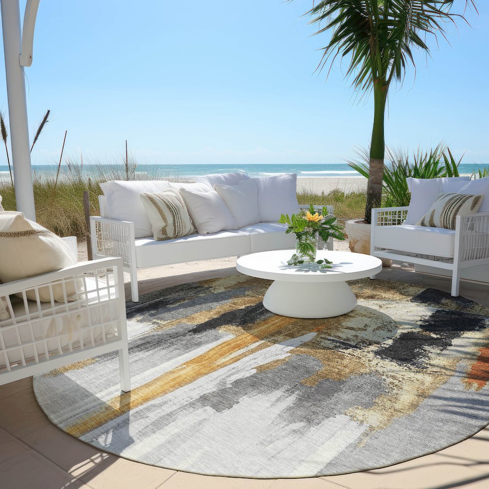 Machine Washable Indoor/Outdoor Chantille Black 8' x 8' Round Rug. Picture 6