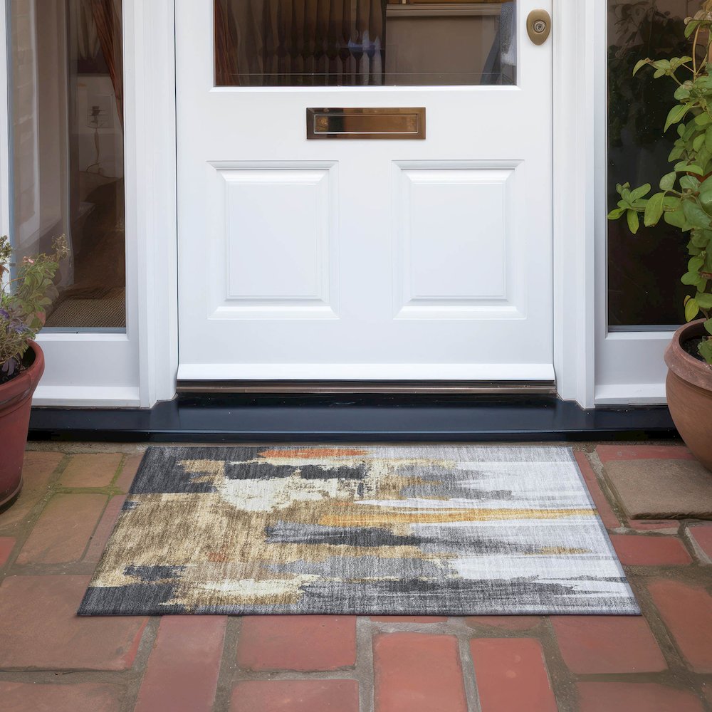 Machine Washable Indoor/Outdoor Chantille Black 1'8" x 2'6" Rug. Picture 6