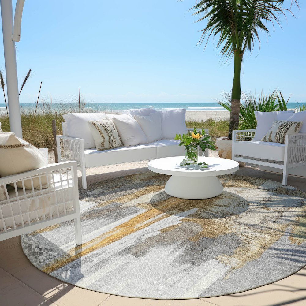 Machine Washable Indoor/Outdoor Chantille Ivory 8' x 8' Round Rug. Picture 6