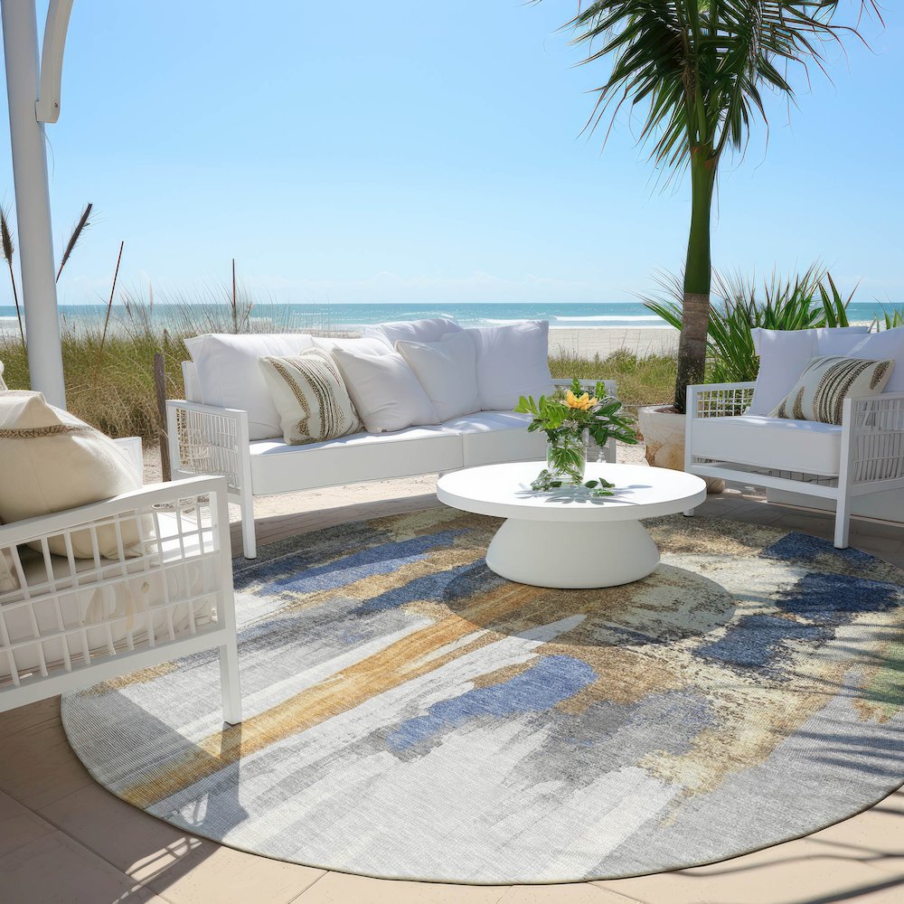Machine Washable Indoor/Outdoor Chantille Navy 8' x 8' Round Rug. Picture 6