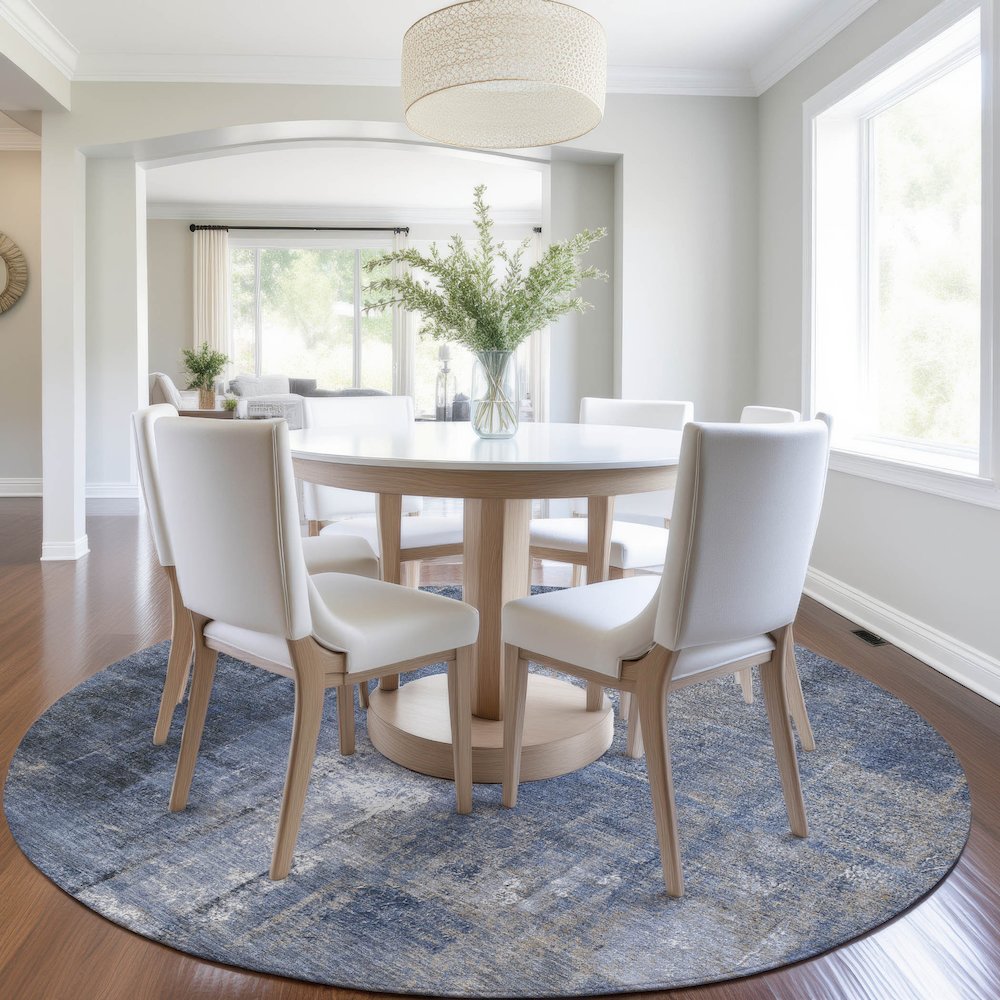 Machine Washable Indoor/Outdoor Chantille Navy 8' x 8' Round Rug. Picture 5