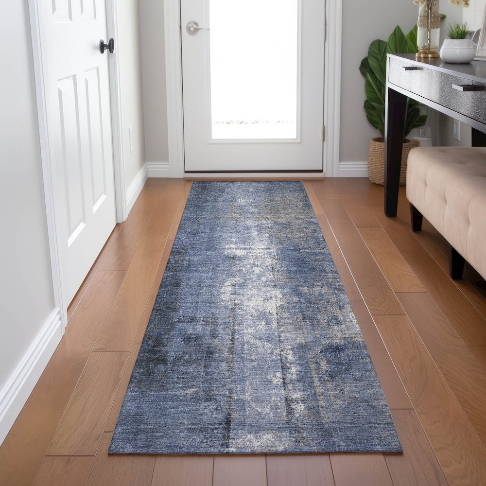 Machine Washable Indoor/Outdoor Chantille Navy 2'3" x 7'6" Runner Rug. Picture 5