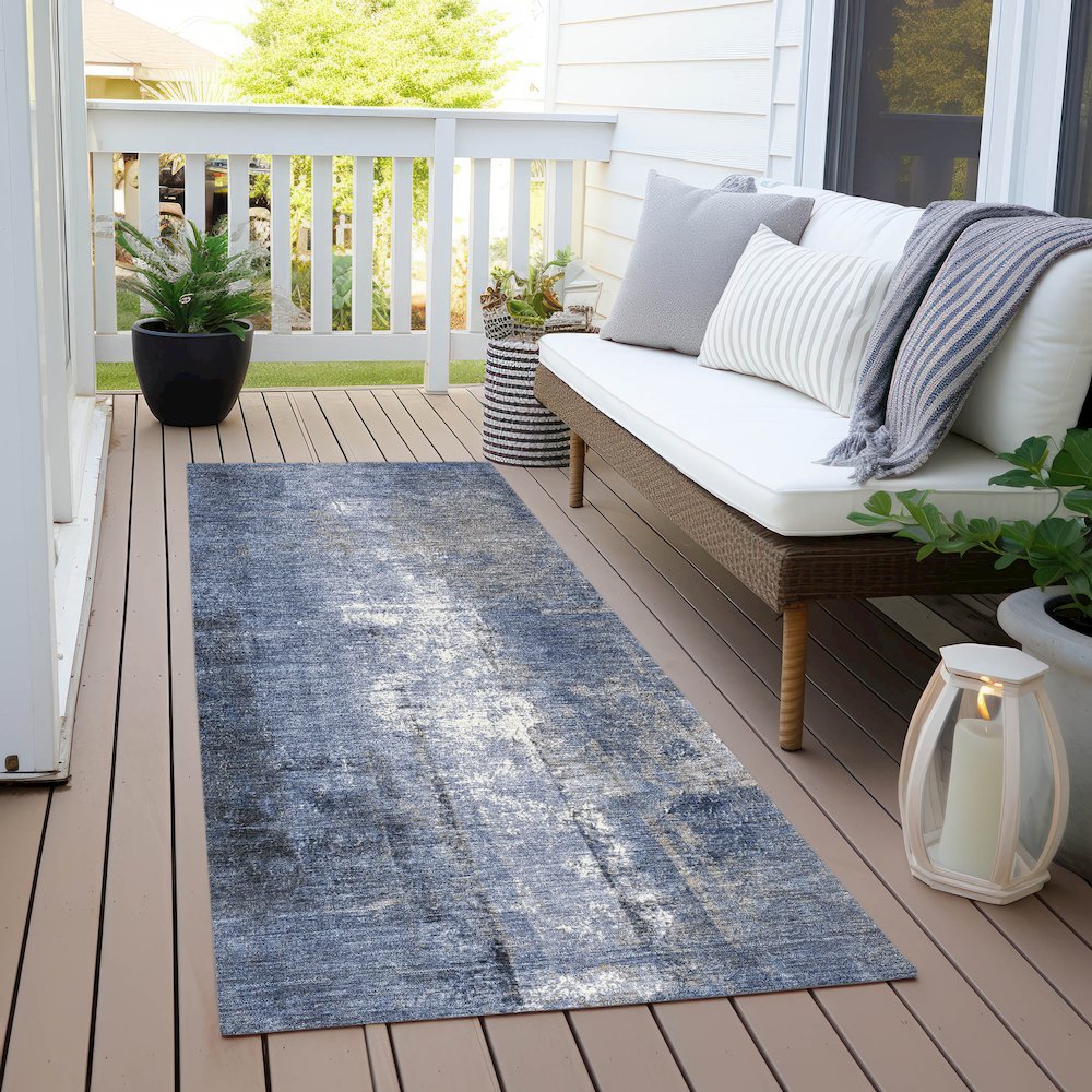 Machine Washable Indoor/Outdoor Chantille Navy 2'3" x 7'6" Runner Rug. Picture 6