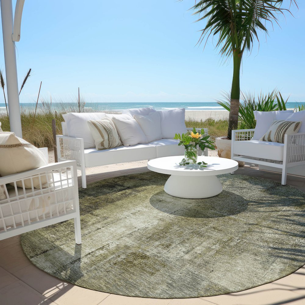 Machine Washable Indoor/Outdoor Chantille Olive 8' x 8' Round Rug. Picture 6
