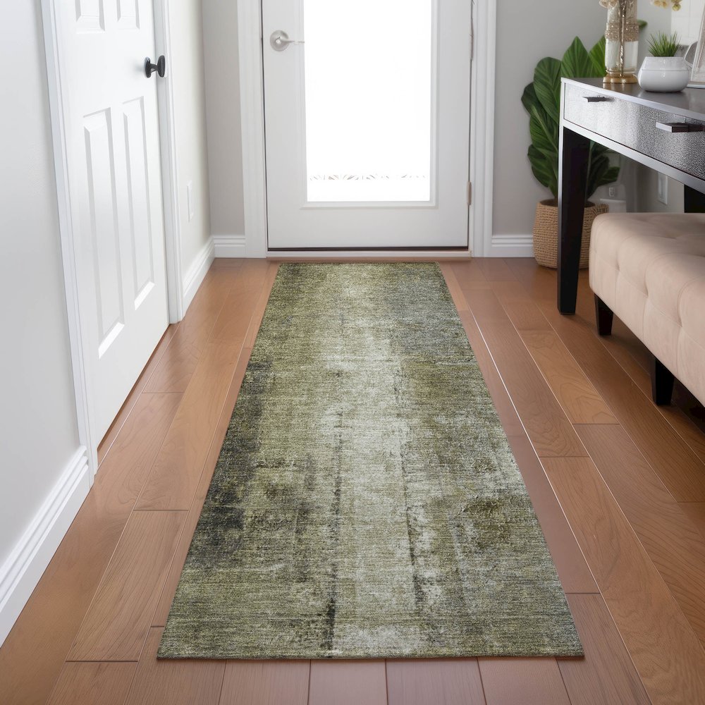 Machine Washable Indoor/Outdoor Chantille Olive 2'3" x 7'6" Runner Rug. Picture 5