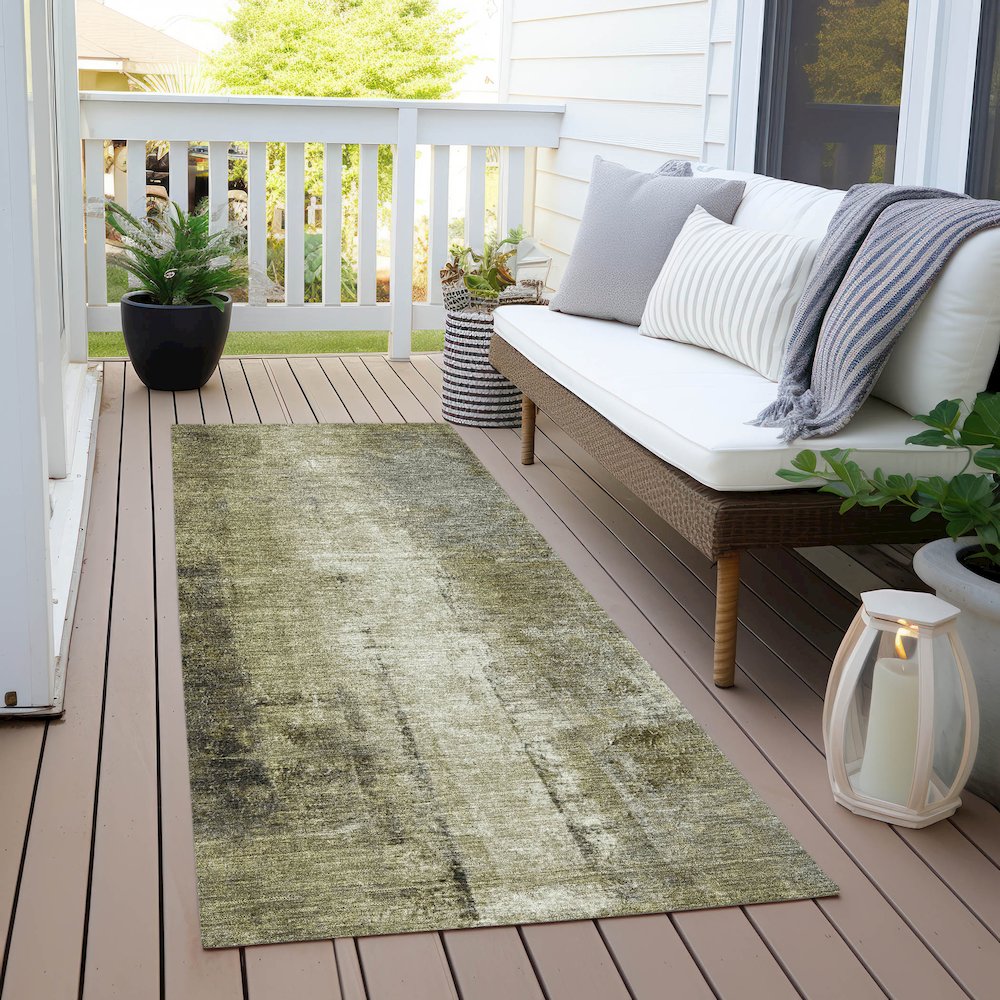 Machine Washable Indoor/Outdoor Chantille Olive 2'3" x 7'6" Runner Rug. Picture 6