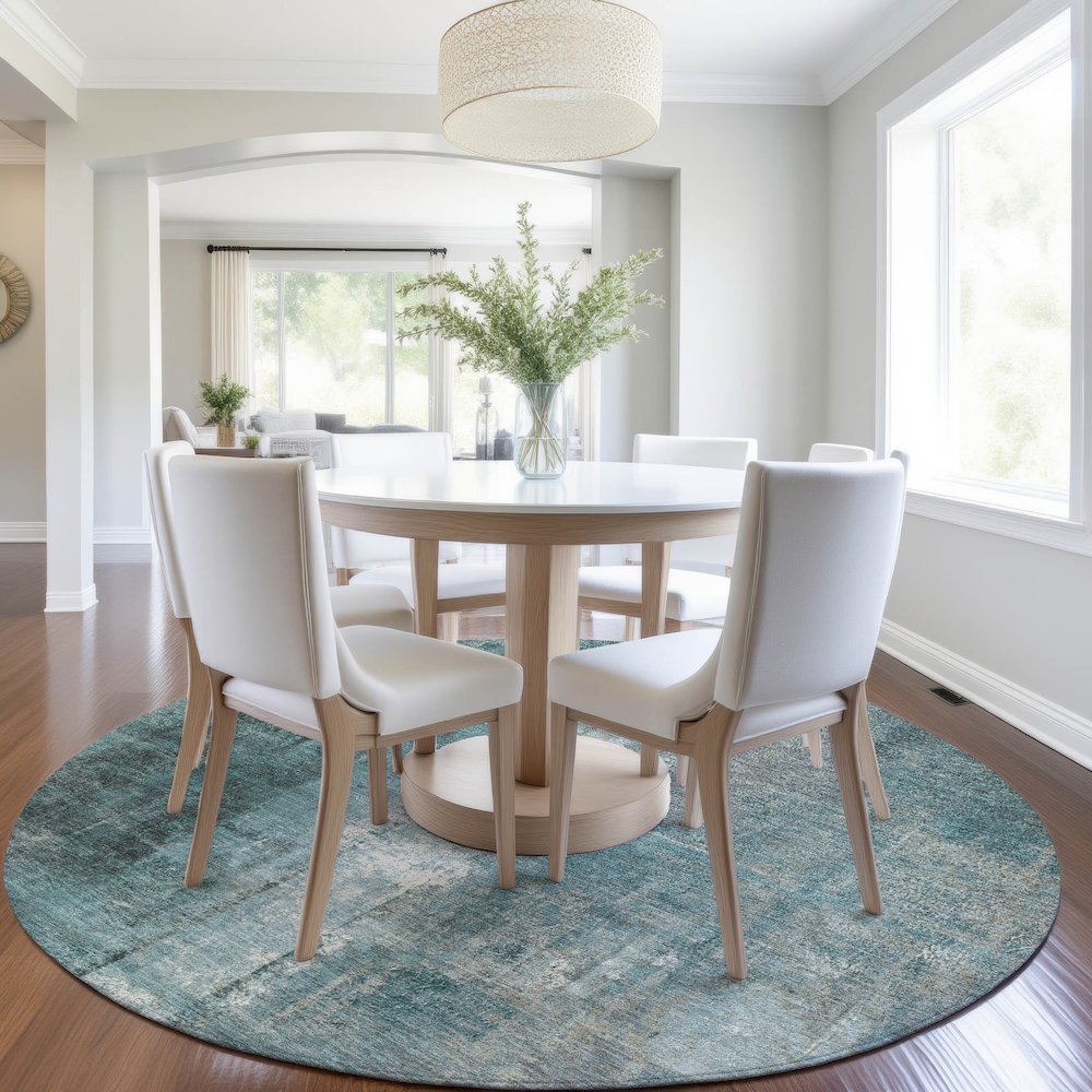 Machine Washable Indoor/Outdoor Chantille Teal 8' x 8' Round Rug. Picture 5