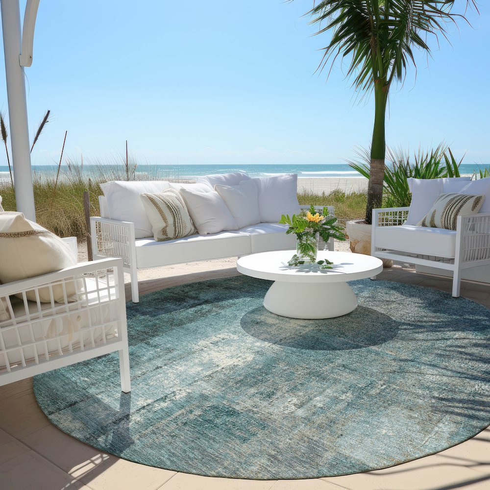 Machine Washable Indoor/Outdoor Chantille Teal 8' x 8' Round Rug. Picture 6