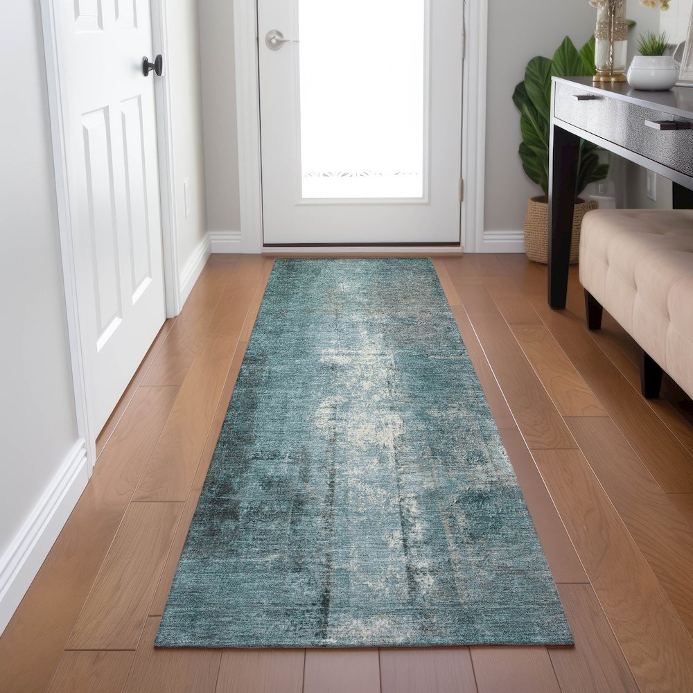 Machine Washable Indoor/Outdoor Chantille Teal 2'3" x 7'6" Runner Rug. Picture 5