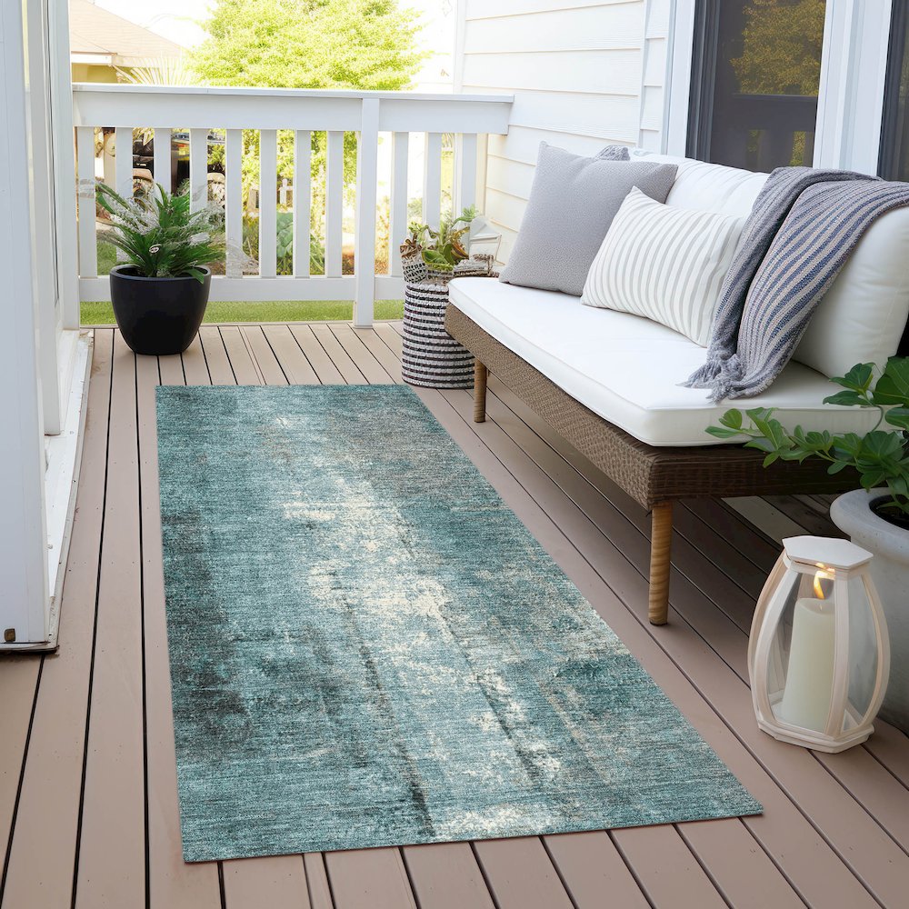 Machine Washable Indoor/Outdoor Chantille Teal 2'3" x 7'6" Runner Rug. Picture 6