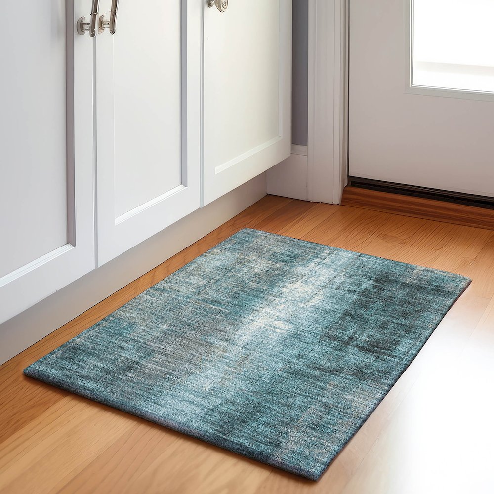 Machine Washable Indoor/Outdoor Chantille Teal 1'8" x 2'6" Rug. Picture 5
