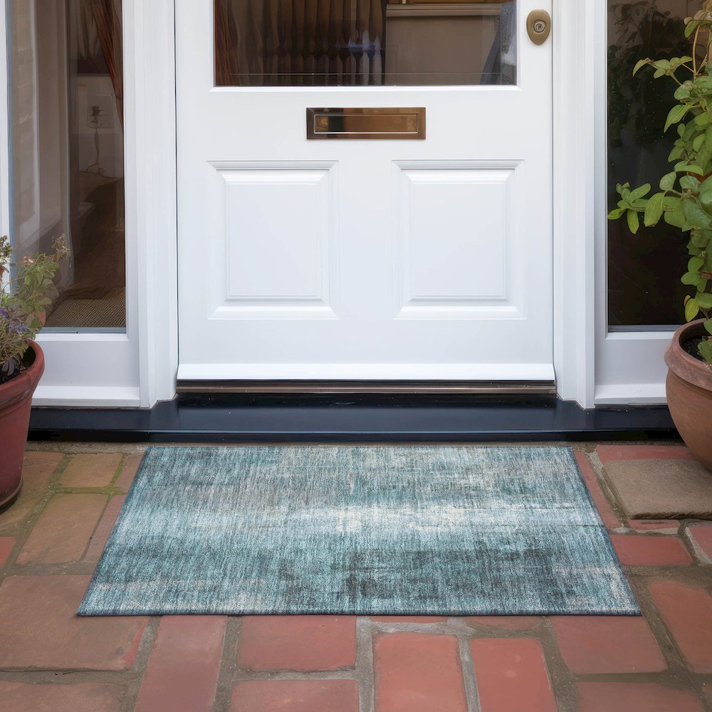 Machine Washable Indoor/Outdoor Chantille Teal 1'8" x 2'6" Rug. Picture 6