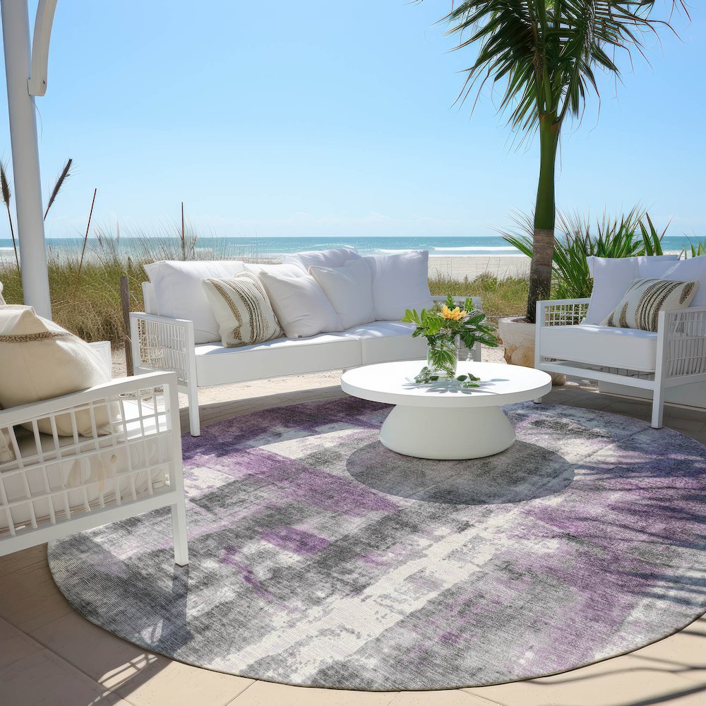 Machine Washable Indoor/Outdoor Chantille Purple 8' x 8' Round Rug. Picture 6