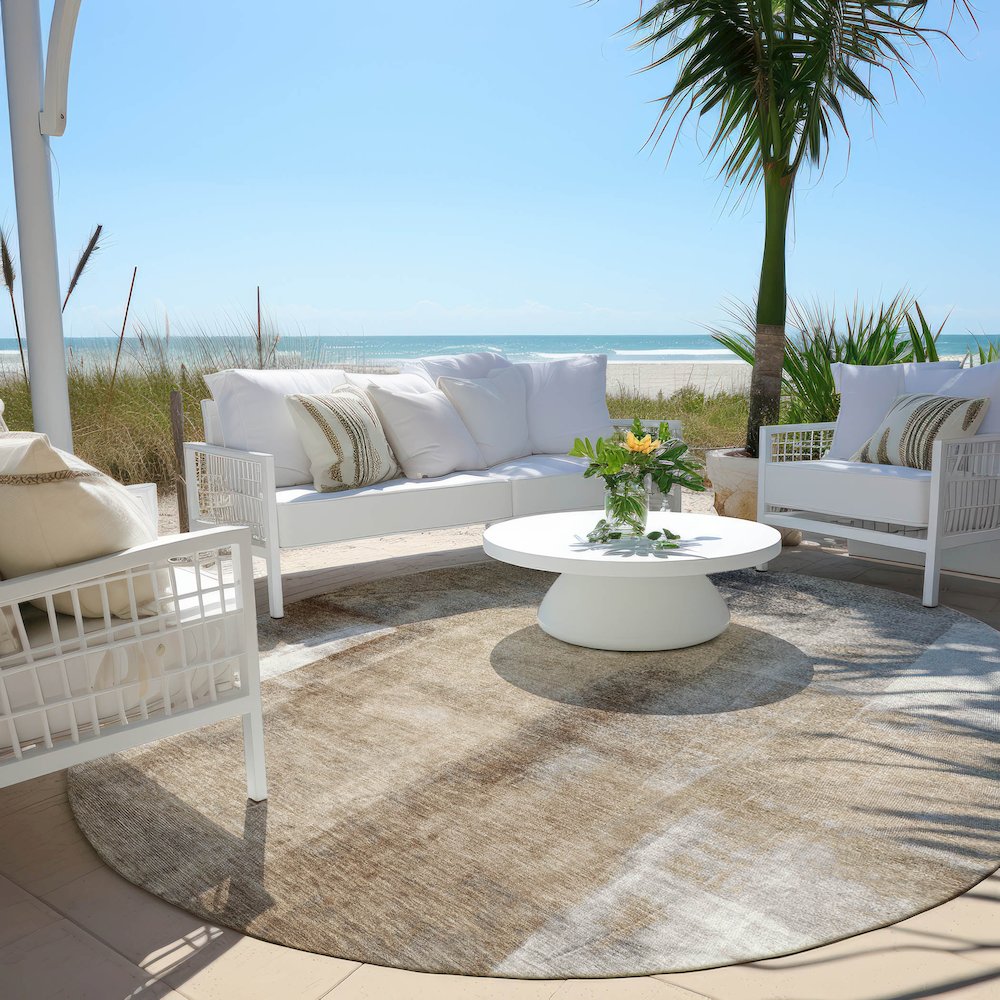 Machine Washable Indoor/Outdoor Chantille Beige 8' x 8' Round Rug. Picture 6